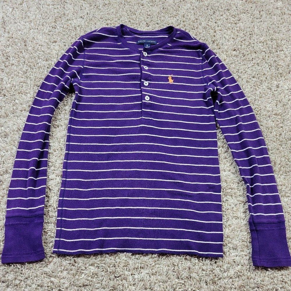 Ralph Lauren Shirt Womens Small Purple Striped Henley Long Sleeve